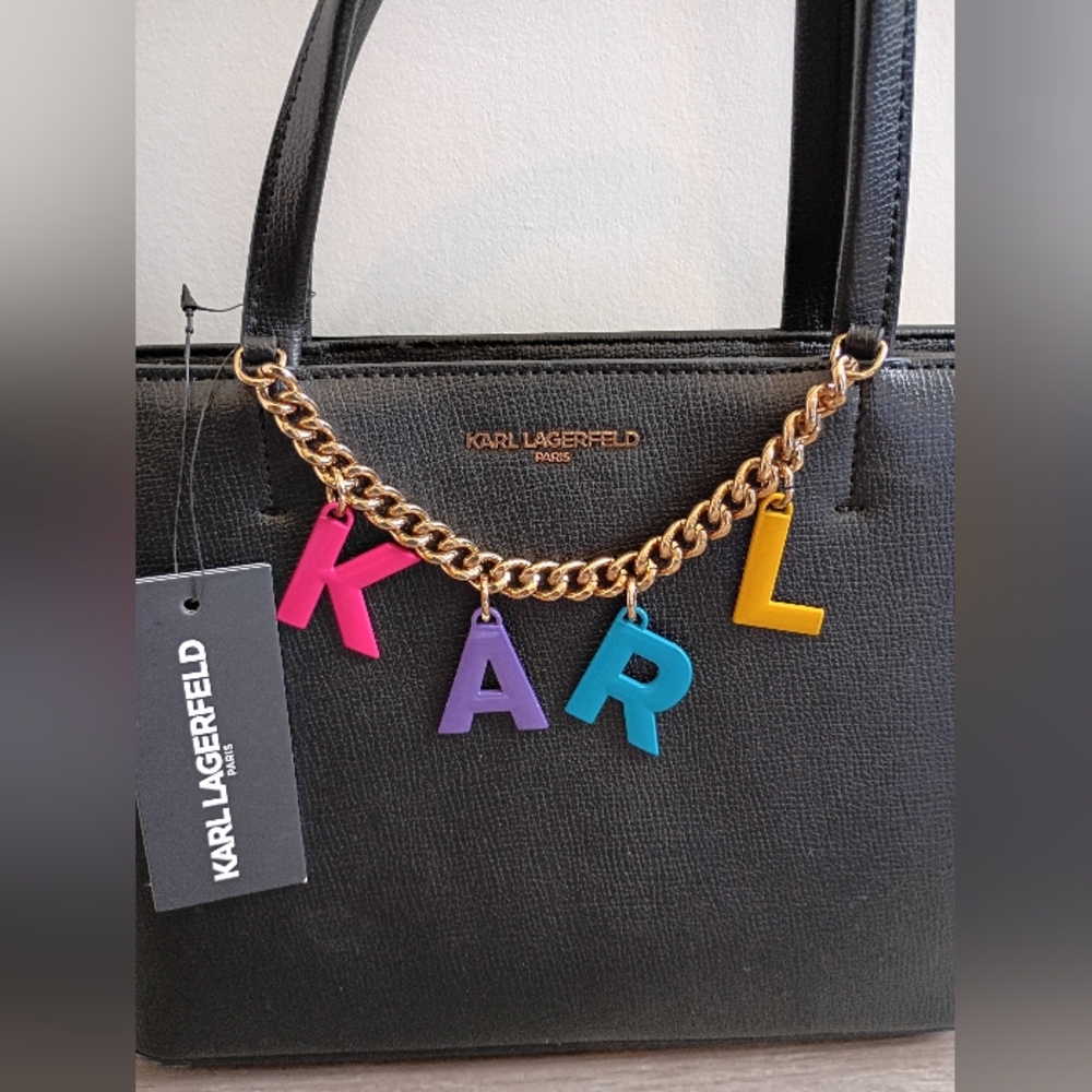 NWT Karl Lagerfeld Paris Black Vegan Leather Maybelle Charm Tote Crossbody Bag - Picture 4 of 10